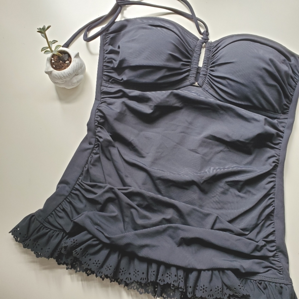 Black One Piece Ruffle Bandeau Tankini Top